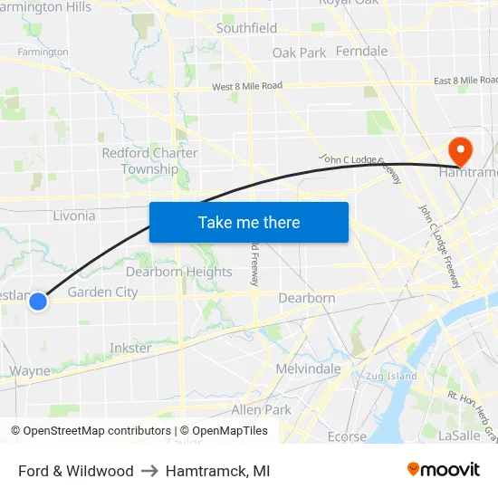 Ford & Wildwood to Hamtramck, MI map