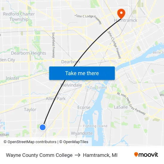 Wayne County Comm College to Hamtramck, MI map