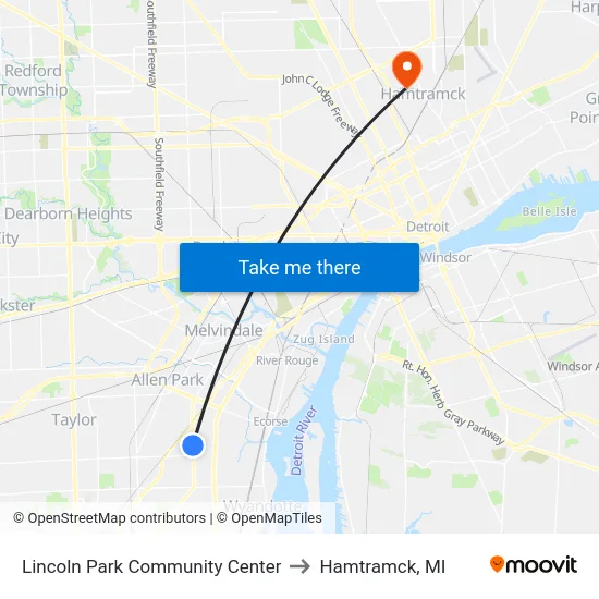 Lincoln Park Community Center to Hamtramck, MI map