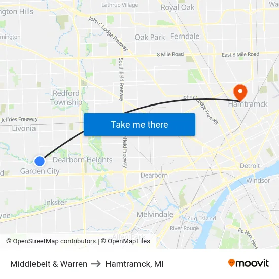 Middlebelt & Warren to Hamtramck, MI map
