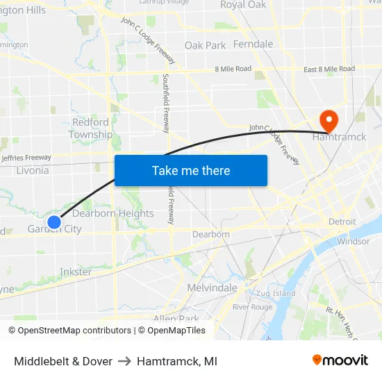Middlebelt & Dover to Hamtramck, MI map