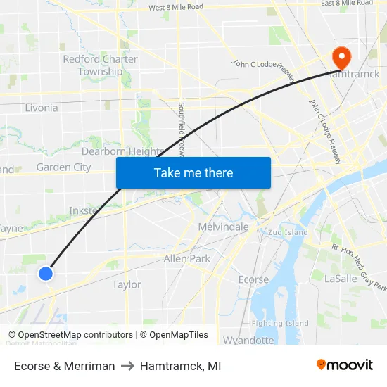 Ecorse & Merriman to Hamtramck, MI map