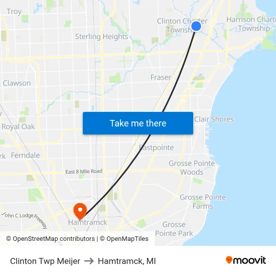 Clinton Twp Meijer to Hamtramck, MI map