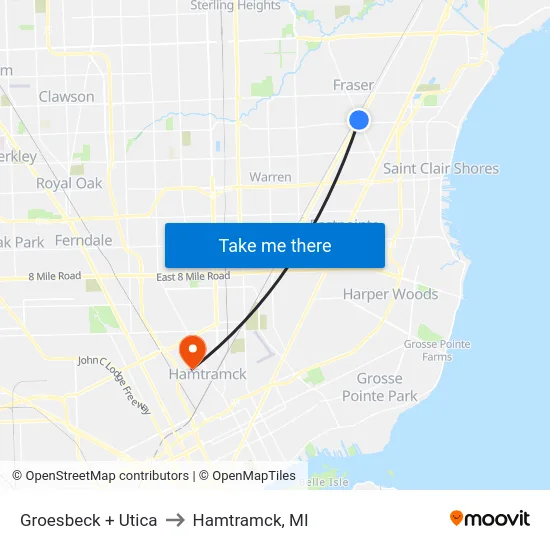 Groesbeck + Utica to Hamtramck, MI map