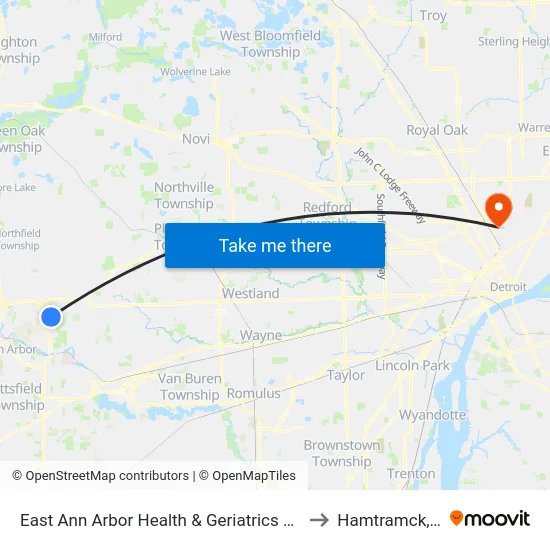East Ann Arbor Health & Geriatrics Center to Hamtramck, MI map