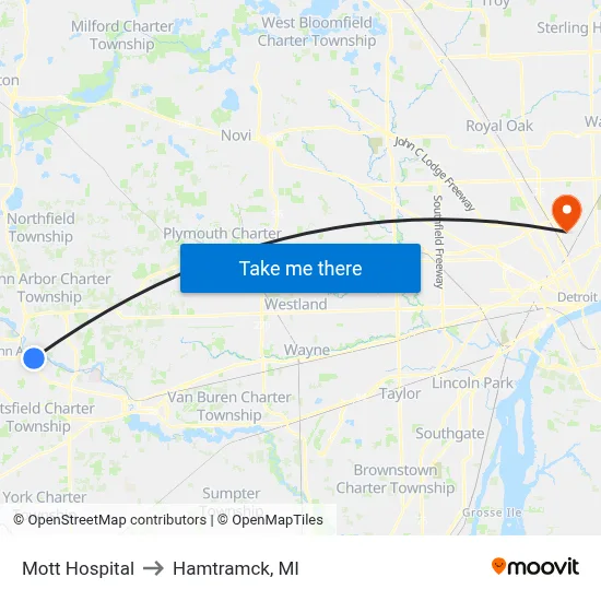 Mott Hospital to Hamtramck, MI map