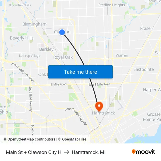 Main St + Clawson City H to Hamtramck, MI map