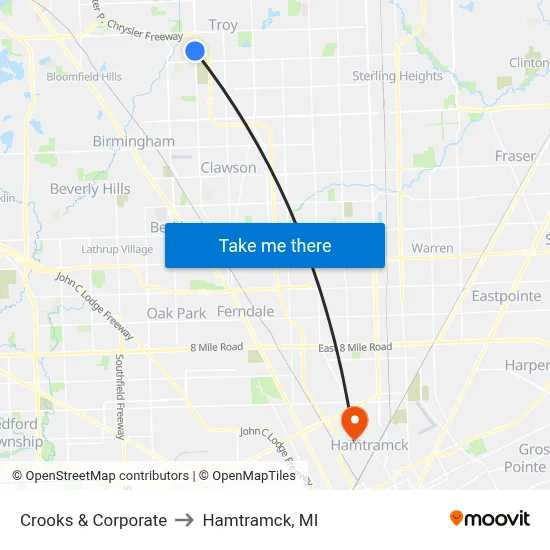 Crooks & Corporate to Hamtramck, MI map