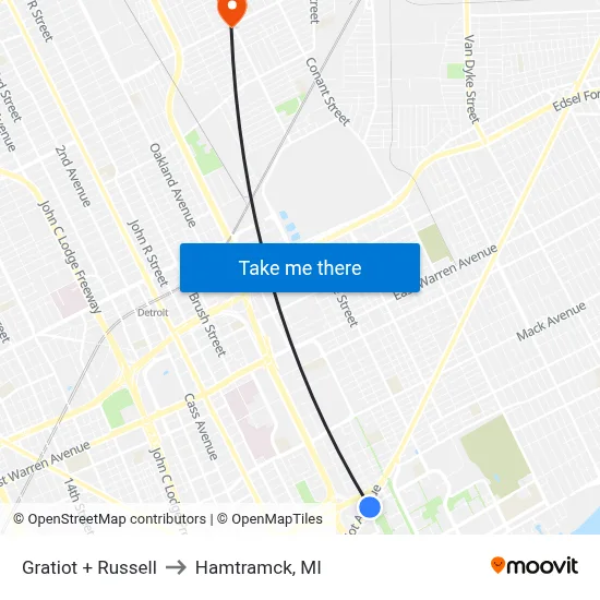 Gratiot + Russell to Hamtramck, MI map
