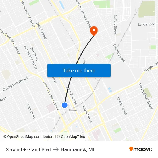 Second + Grand Blvd to Hamtramck, MI map