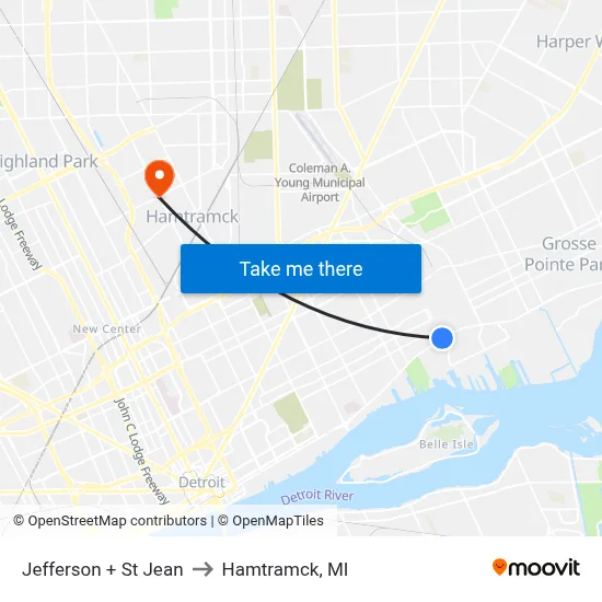 Jefferson + St Jean to Hamtramck, MI map
