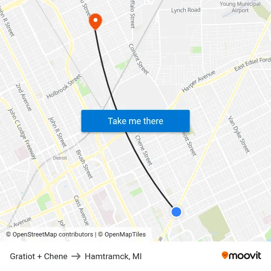 Gratiot + Chene to Hamtramck, MI map