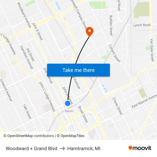 Woodward + Grand Blvd to Hamtramck, MI map