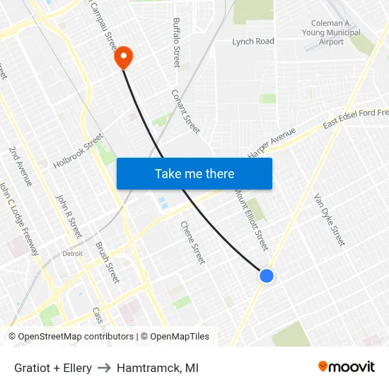 Gratiot + Ellery to Hamtramck, MI map