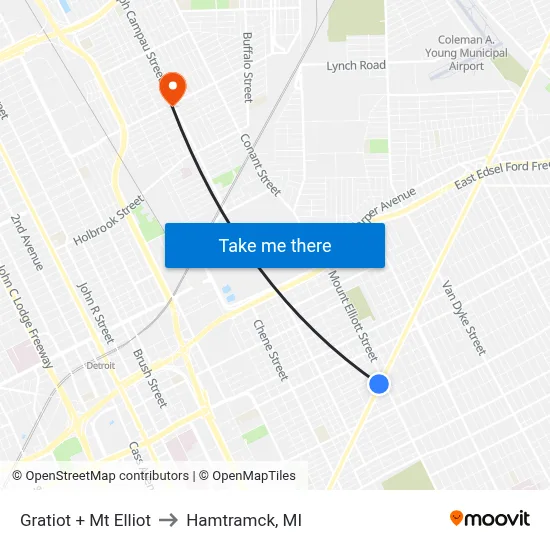 Gratiot + Mt Elliot to Hamtramck, MI map