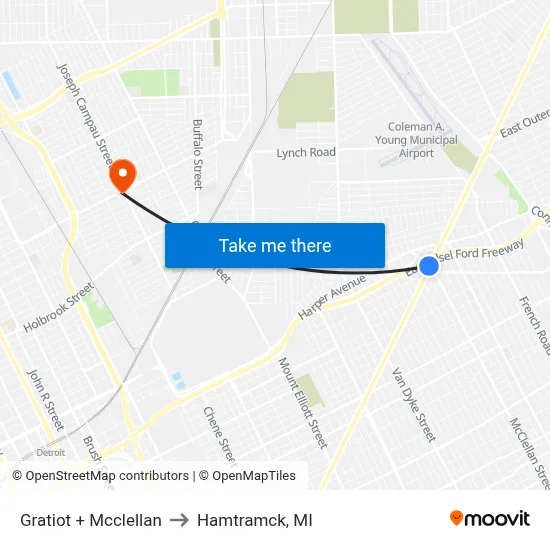 Gratiot + Mcclellan to Hamtramck, MI map