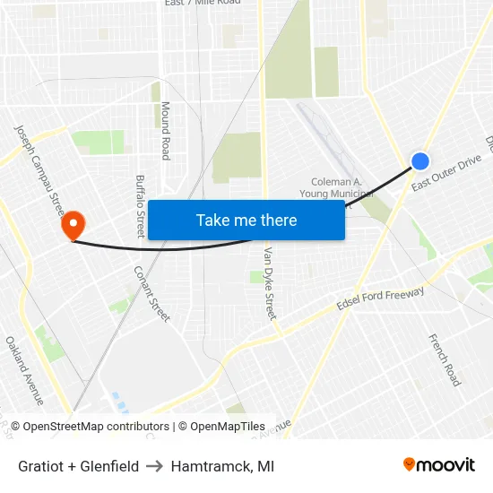 Gratiot + Glenfield to Hamtramck, MI map