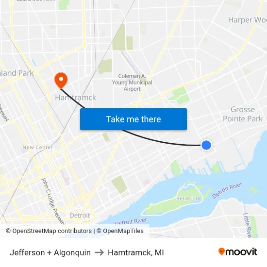 Jefferson + Algonquin to Hamtramck, MI map