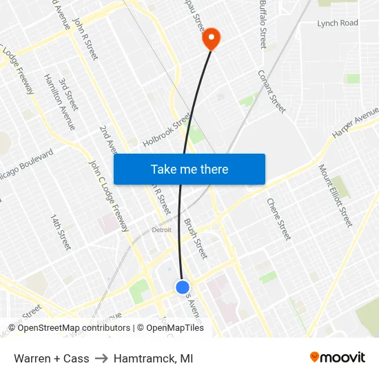 Warren + Cass to Hamtramck, MI map