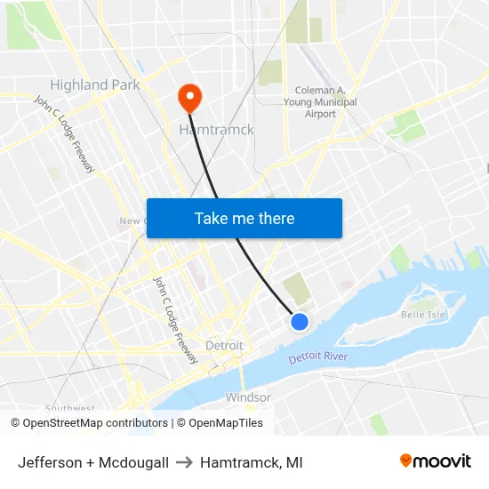 Jefferson + Mcdougall to Hamtramck, MI map