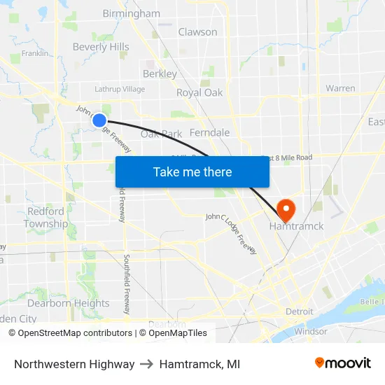 Northwestern Highway to Hamtramck, MI map