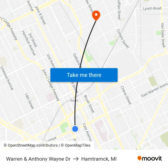 Warren & Anthony Wayne Dr to Hamtramck, MI map