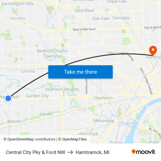 Central City Pky & Ford NW to Hamtramck, MI map