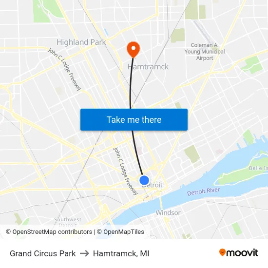 Grand Circus Park to Hamtramck, MI map