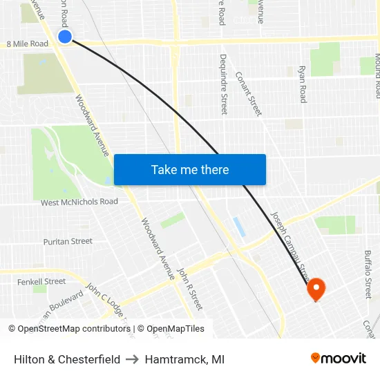Hilton & Chesterfield to Hamtramck, MI map