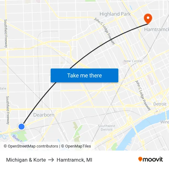 Michigan & Korte to Hamtramck, MI map