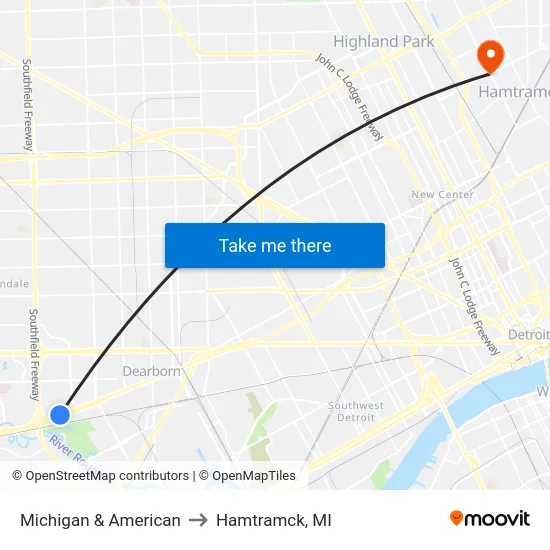 Michigan & American to Hamtramck, MI map