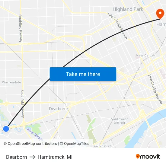 Dearborn to Hamtramck, MI map
