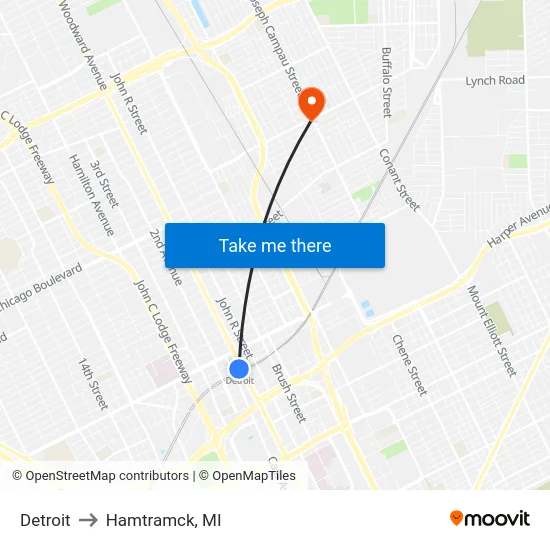 Detroit to Hamtramck, MI map