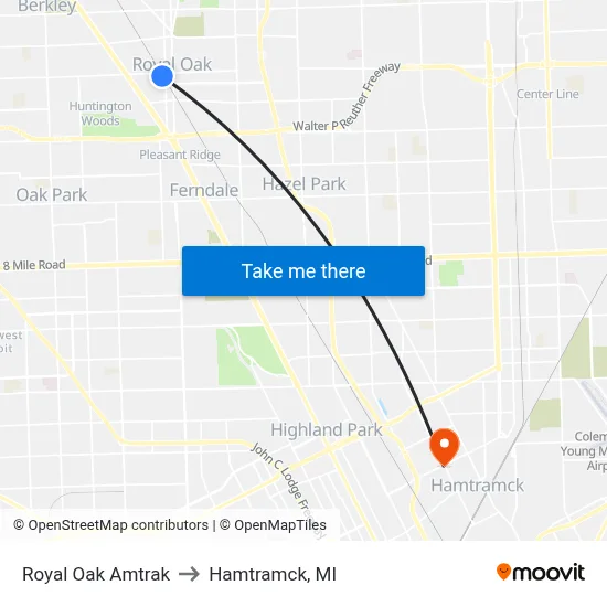 Royal Oak Amtrak to Hamtramck, MI map