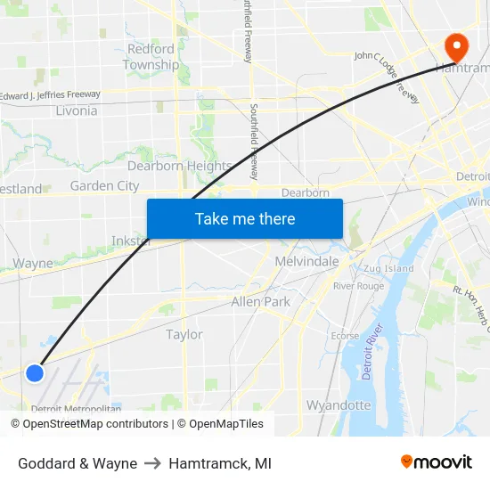 Goddard & Wayne to Hamtramck, MI map