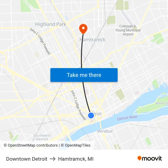 Downtown Detroit to Hamtramck, MI map