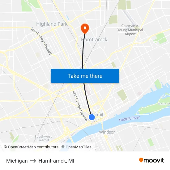 Michigan to Hamtramck, MI map