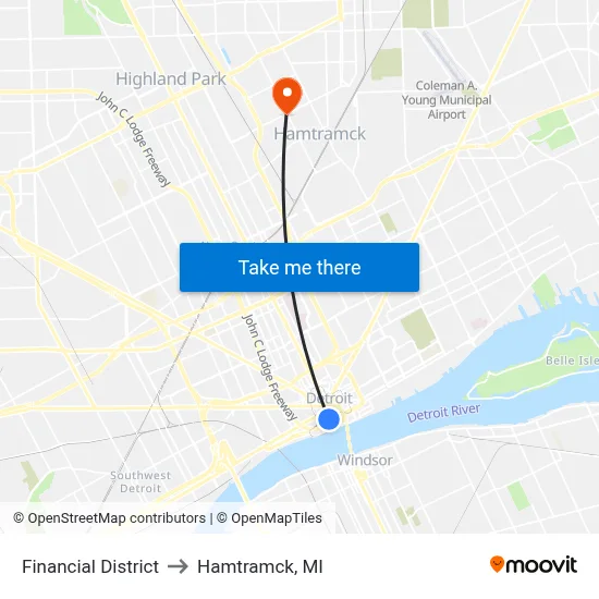 Financial District to Hamtramck, MI map