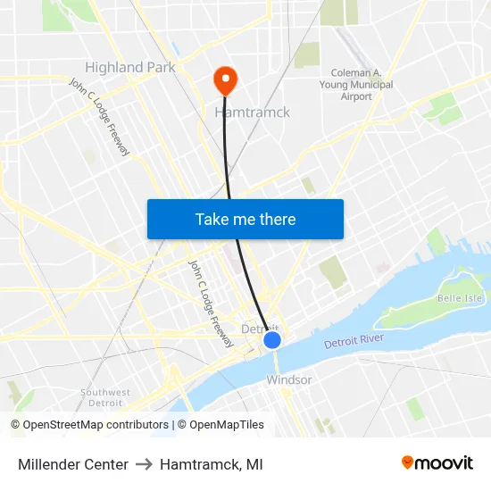 Millender Center to Hamtramck, MI map