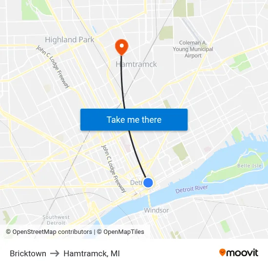 Bricktown to Hamtramck, MI map