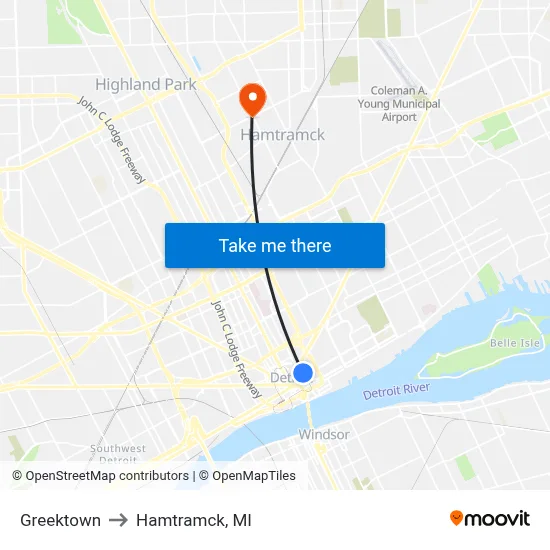 Greektown to Hamtramck, MI map
