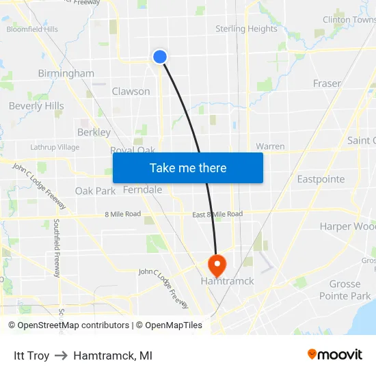 Itt Troy to Hamtramck, MI map