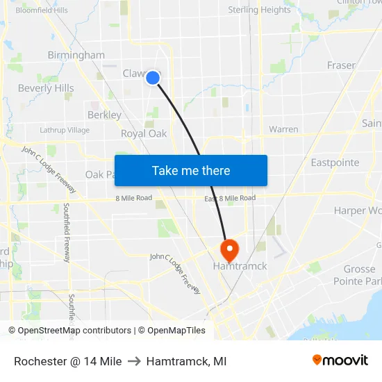 Rochester @ 14 Mile to Hamtramck, MI map