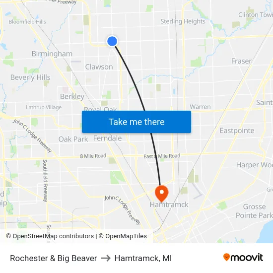Rochester & Big Beaver to Hamtramck, MI map