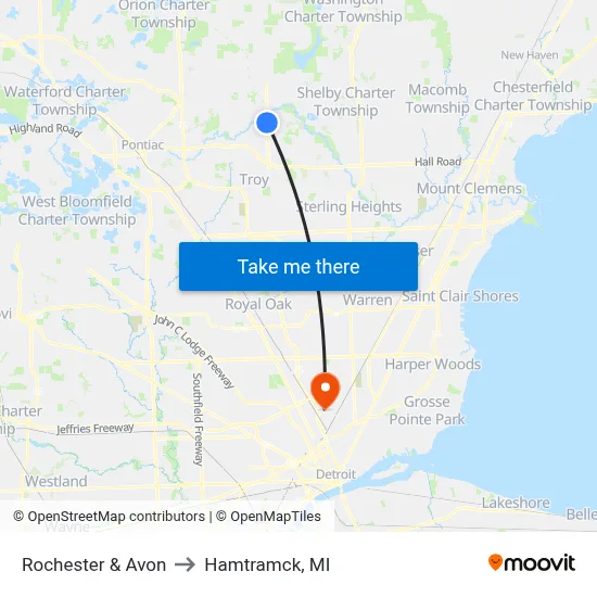Rochester & Avon to Hamtramck, MI map