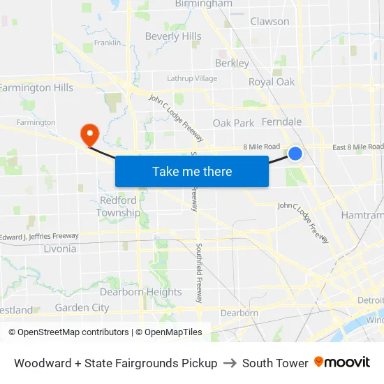 Woodward + State Fairgrounds Pickup to South Tower map