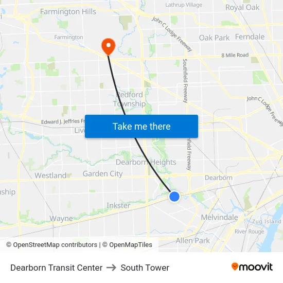 Dearborn Transit Center to South Tower map
