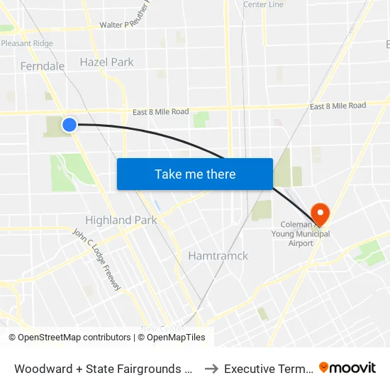 Woodward + State Fairgrounds Pickup to Executive Terminal map