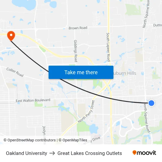 Oakland University to Great Lakes Crossing Outlets map