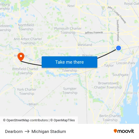 Dearborn to Michigan Stadium map